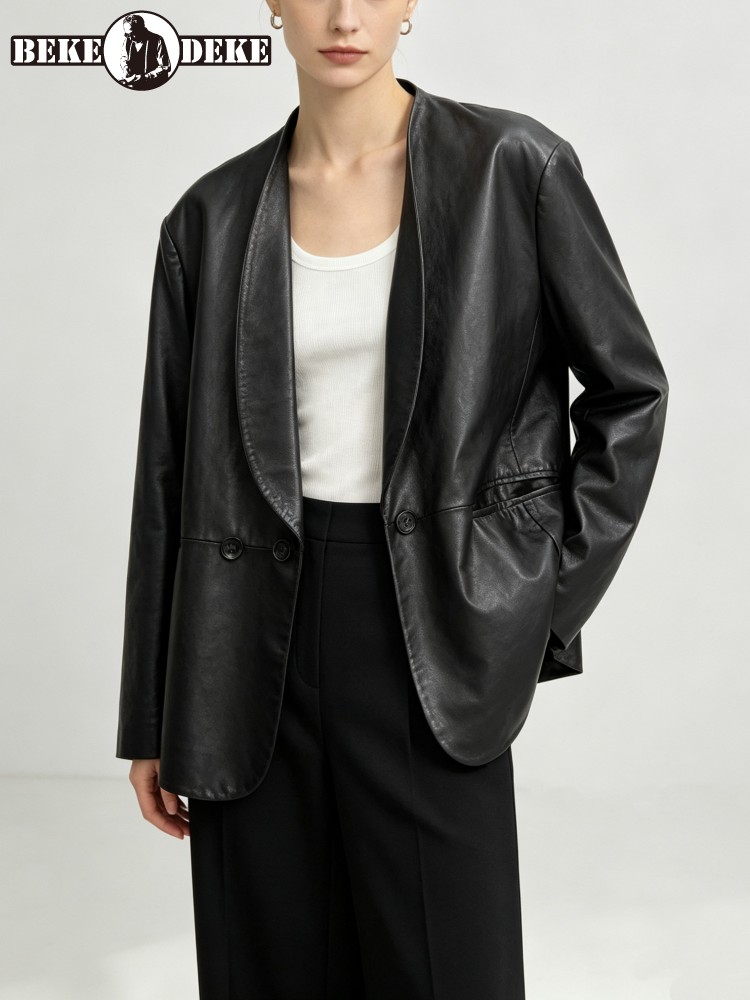 Fashion Women Loose Fit Soft R - Leather Work Jacket Women'S 评论和价格