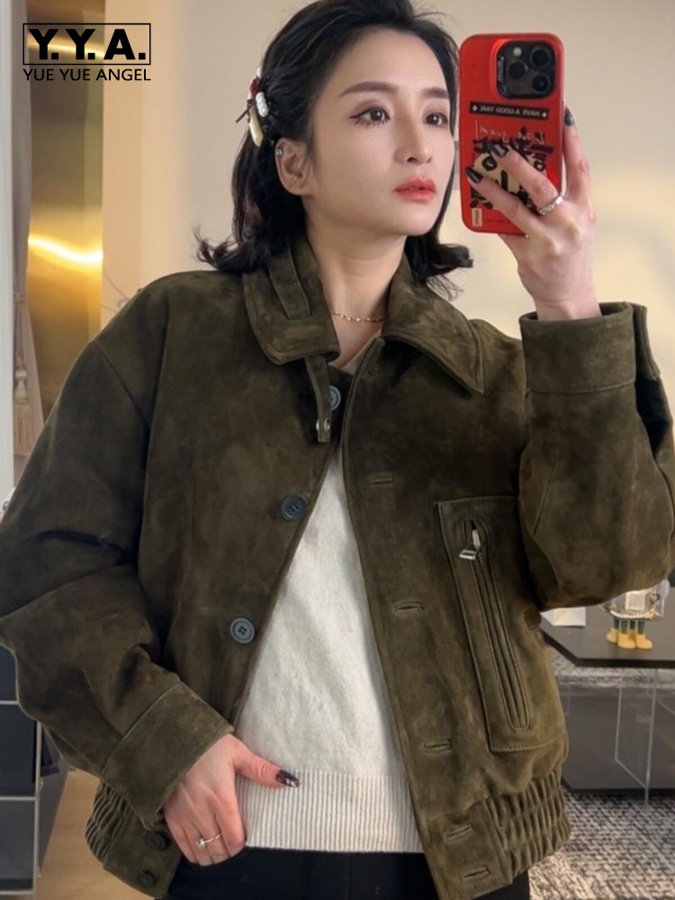 Luxury Retro Women Sheep Suede - Leather Work Jacket Women'S 评论和价格