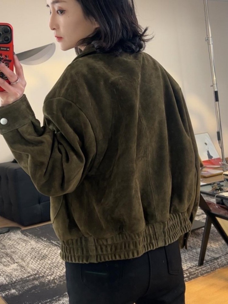 Luxury Retro Women Sheep Suede - Leather Work Jacket Women'S 评论和价格