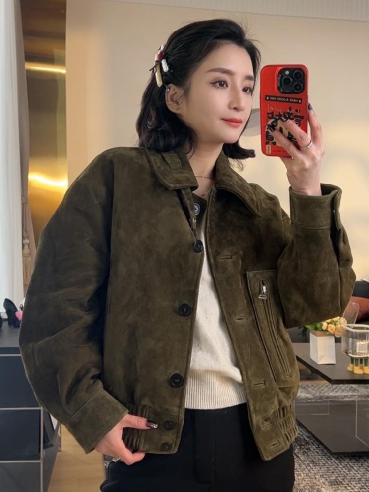 Luxury Retro Women Sheep Suede - Leather Work Jacket Women'S 评论和价格