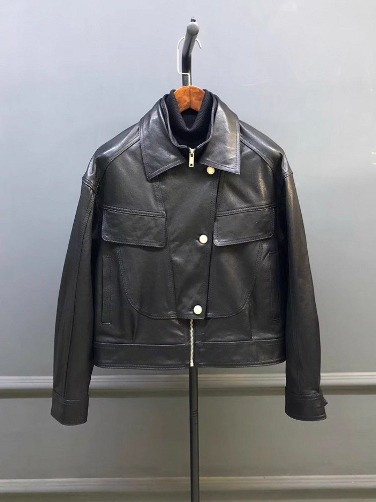 Designer Women Double Collar W - Leather Work Jacket Women'S 评论和价格