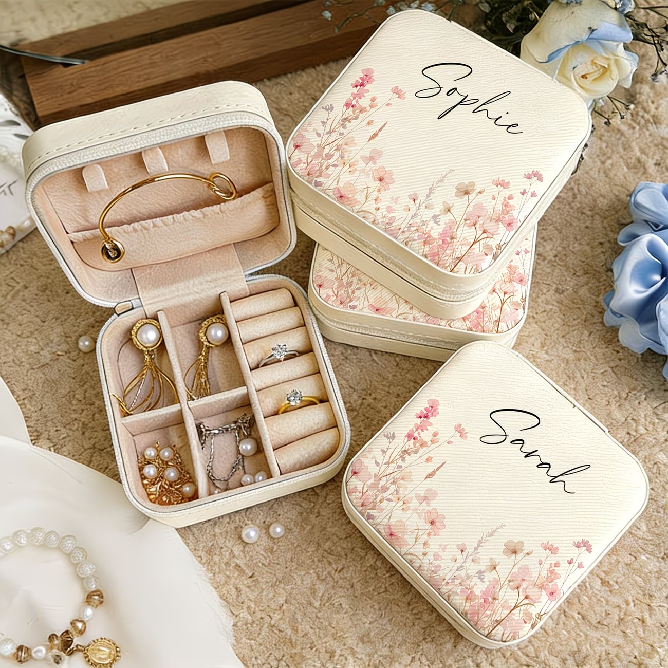 Custom Beige Jewelry Box Featu - Leatherwork Flowers 评论和价格